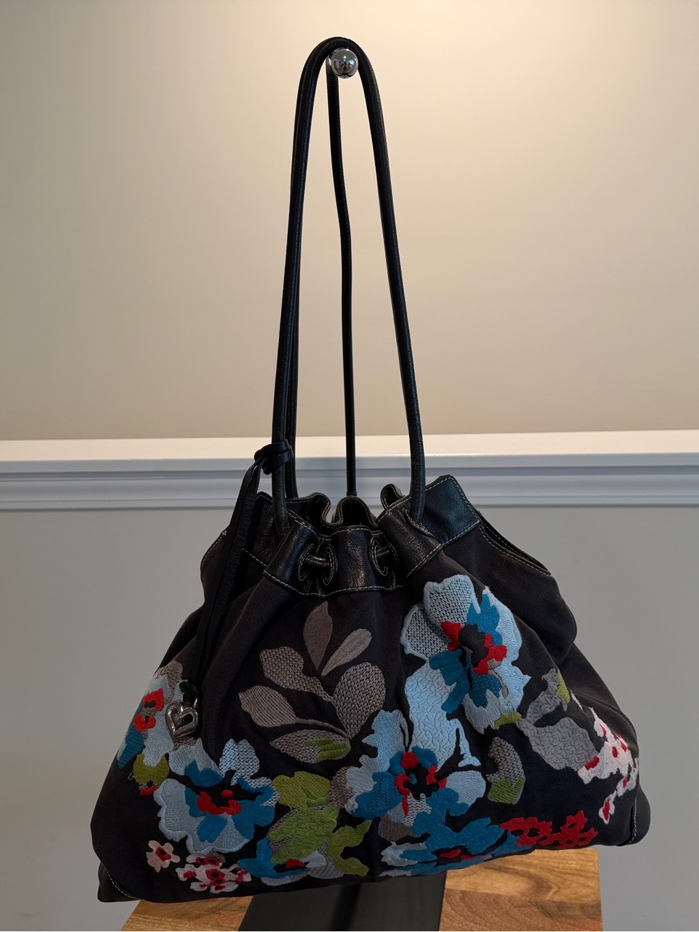 Brighton Embroidered Floral Drawstring Shoulder Bag - Black